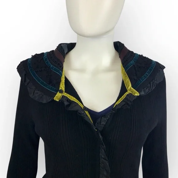 Etro Black & Teal Ruffled Cardigan Soft Angora Lace & Ribbon Detail M/44/8 - Picture 4 of 12